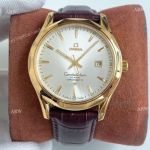 Copy Omega Constellation Silver Dial Yellow Gold Case Brown Leather Strap Men Watch